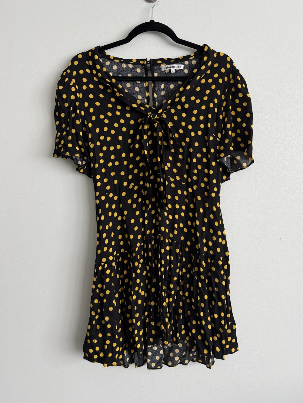 Reformation Black Dress with Yellow Polka Dots